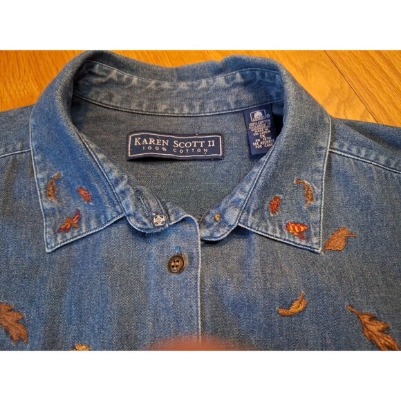 Vintage Karen Scott Denim Button Up Top Womens 1X Autumn Fall Embroidered Shirt - Picture 14 of 16